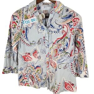 Chico's Multicolor Blue Paisley Button Up Blouse Size 0 Wrinkle Resistant Fabric